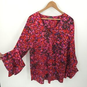 Vince Camuto Satin Tiered Floral Blouse Ruffle Bell Sleeves Fairy Top Church